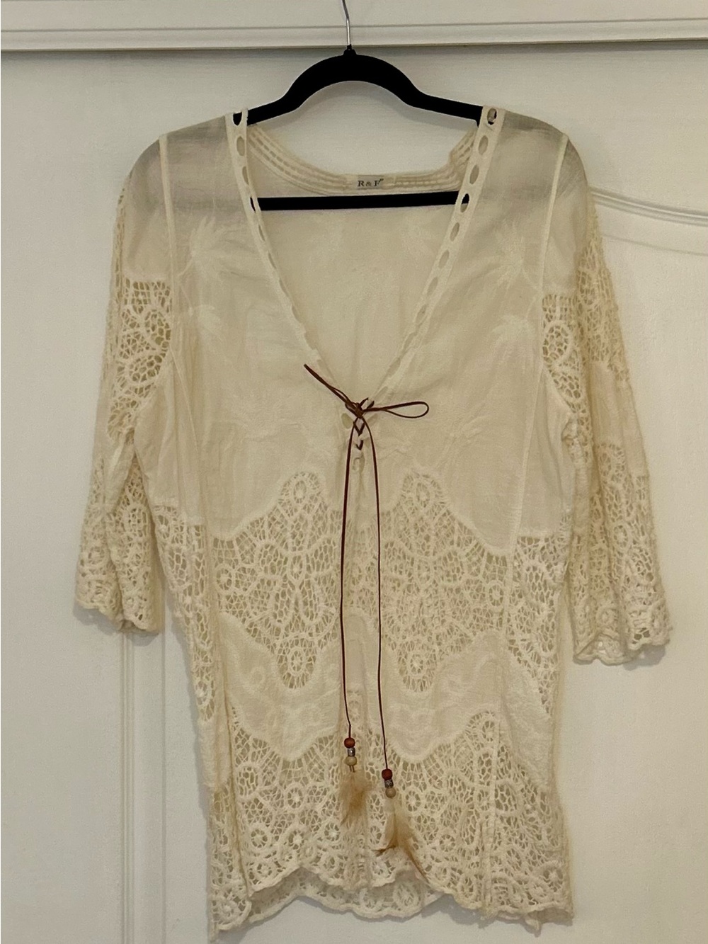R&F Bohemian Crochet Feather Tie Front Blouse in Cream.